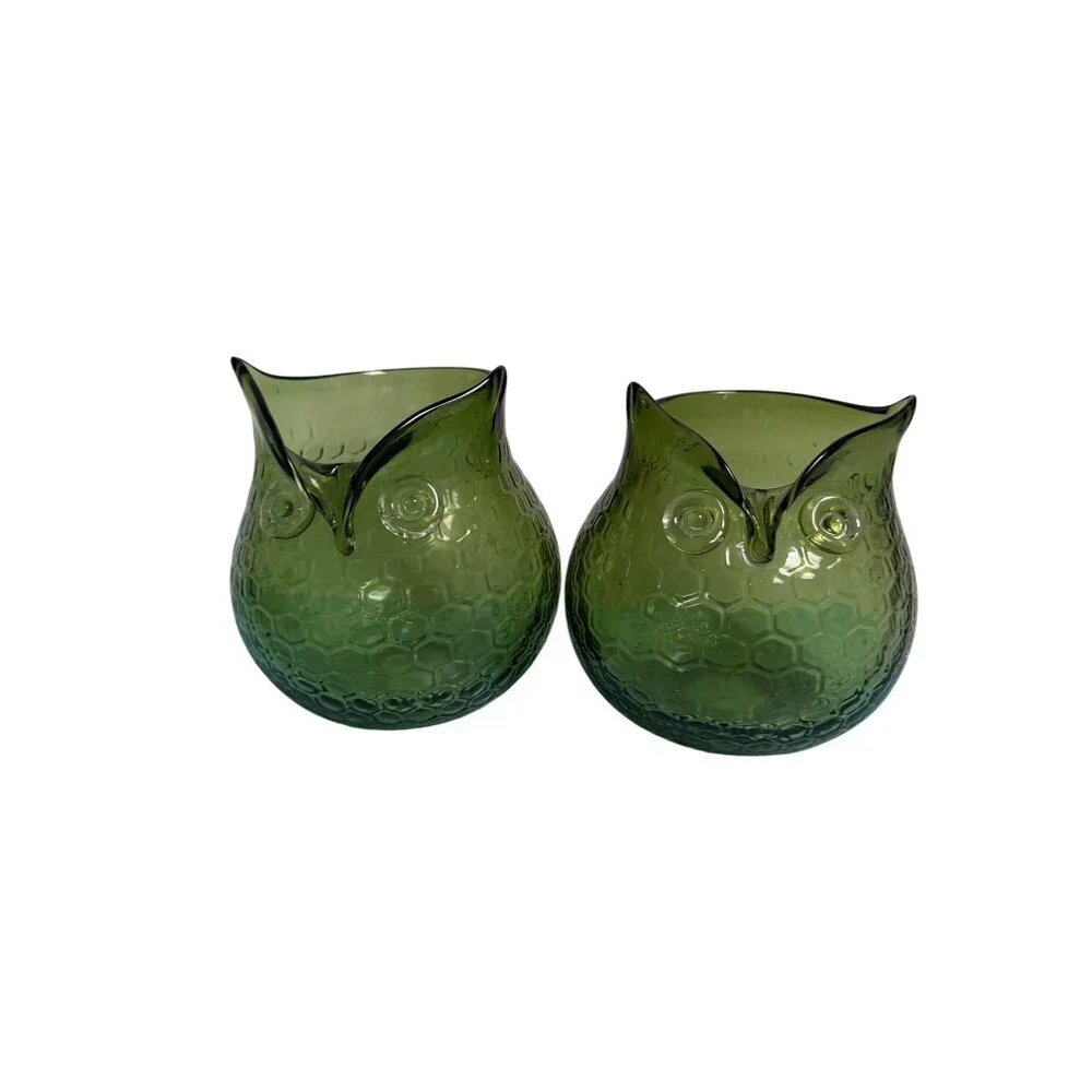 Vintage Set of 2 Hand-blown Art Glass Owls Green Honeycomb Pattern MCM